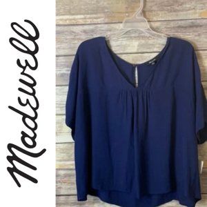 Blue Pleated Short Sleeve Blouse | Madewell | Extra Small